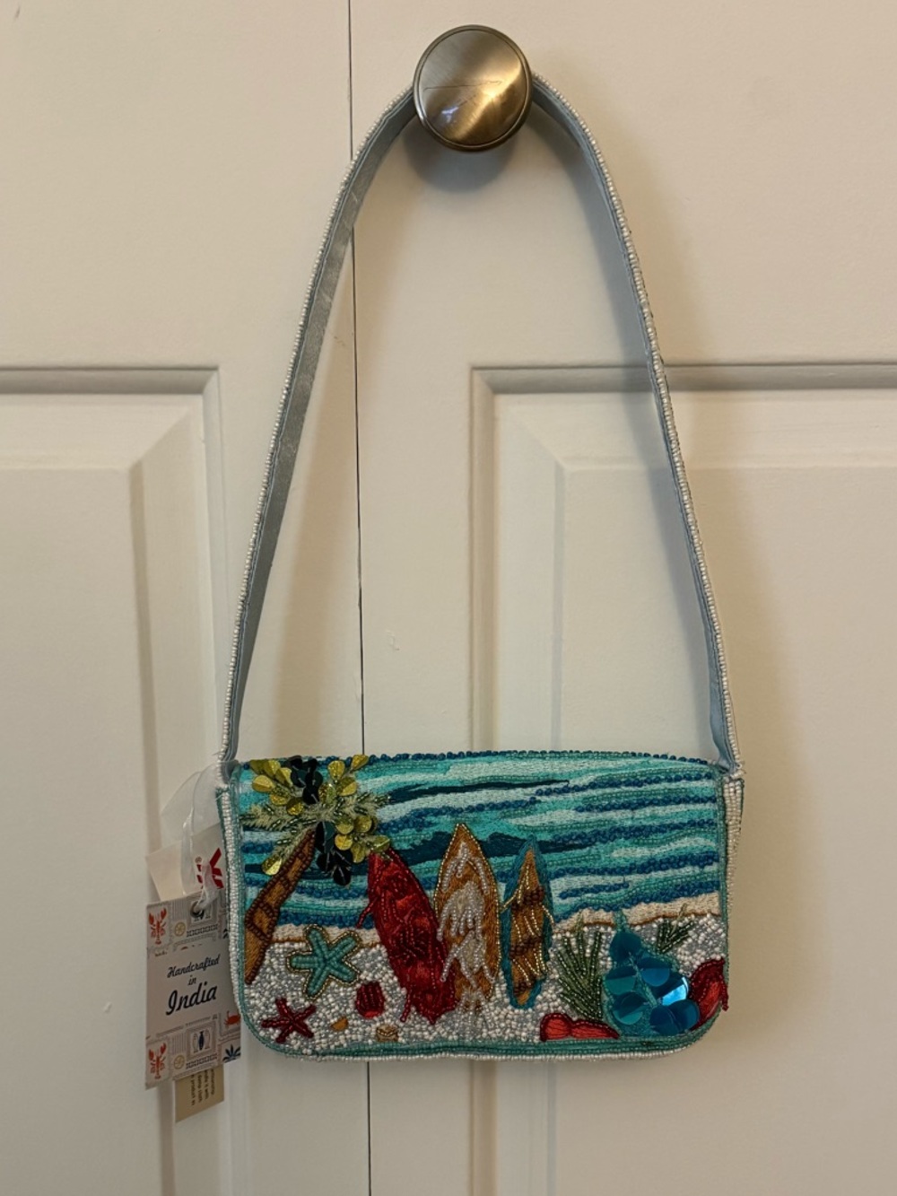 India Beaded Bag Turquoise Ocean Beach Surf Boards & Palm Tree - Picture 3 of 9